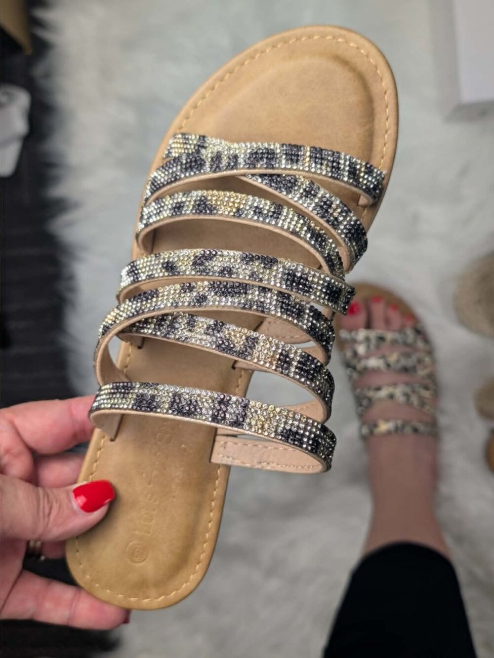 Let's See Style Strappy Jungle Slide in Leopard Stone NEW